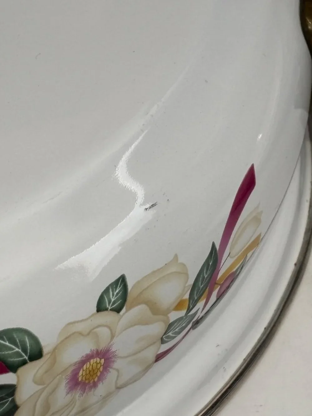 Vintage Floral Ceramic Casserole Dish With Lid & Brass Handles Hand-Painted Desi